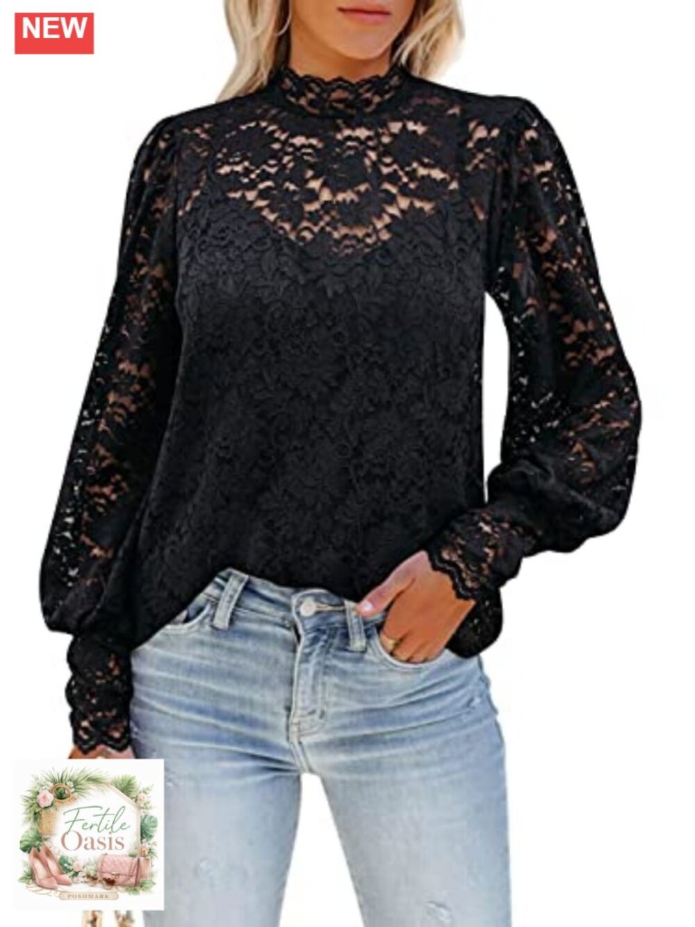 Women's Floral Lace Long Sleeve Mock Neck Blouse with Built-in Cami